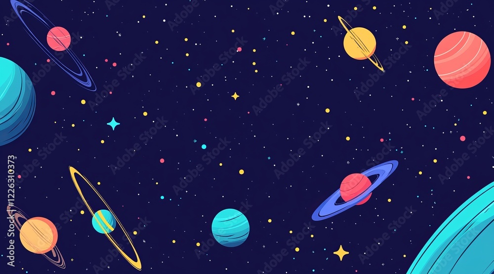 Vibrant planets and stars in a dark space background. Vibrant planets and stars in a dark space background.
