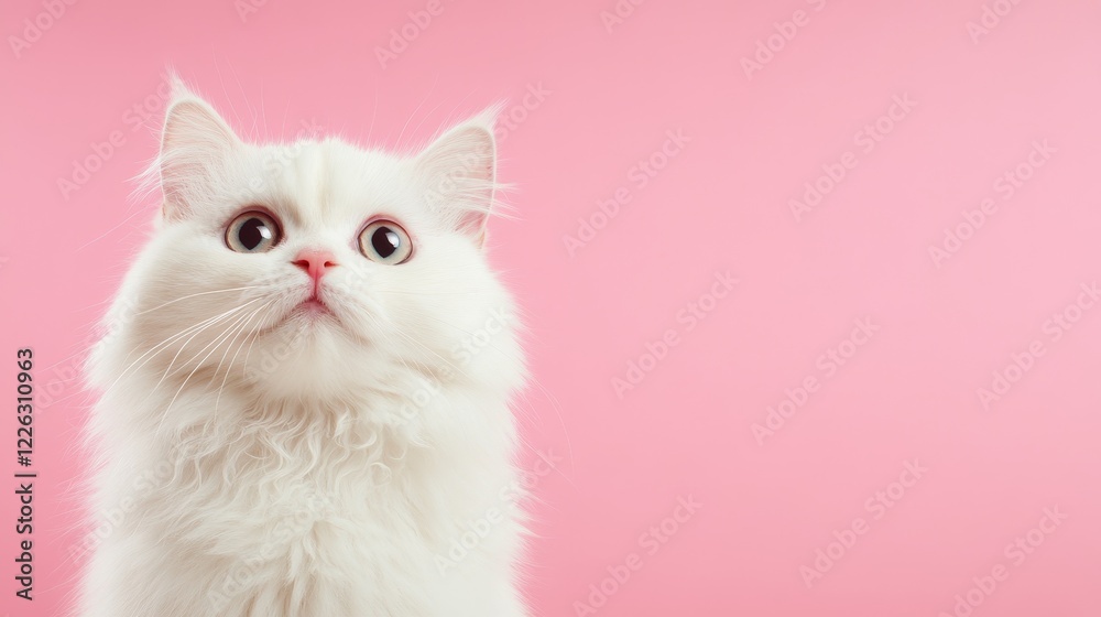 Cute fluffy white cat looking up against a soft pink background, exuding charm and curiosity Cute fluffy white cat looking up against a soft pink background, exuding charm and curiosity