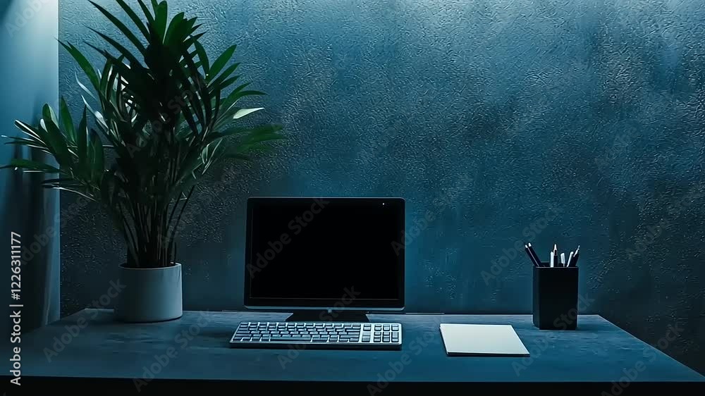 Modern workspace with a sleek computer setup, minimalist decor, and a plant in a serene environment