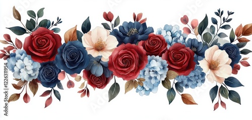 Floral Arrangement with Red Roses Pink Peonies and Blue Flowers for Wedding Invitation Design