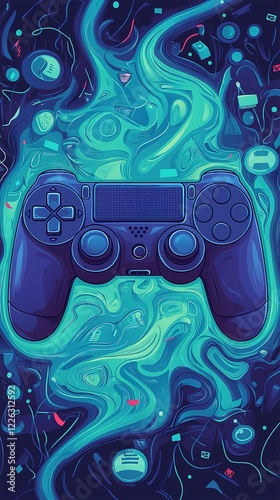 A vibrant, cosmic-themed digital illustration featuring a gaming controller at its center, surrounded by swirling colors and abstract shapes.