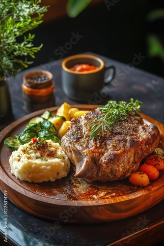 Grilled steak with mashed potatoes and vegetables on a wooden plate