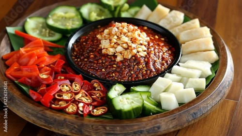 Spicy Chili Dip Platter with Fresh Vegetables, Red and Green Peppers, Cucumber, and Crackers for Sharing and Enjoying Vibrant Flavors