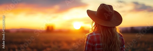 young modern farmgirl outdoors enjoying fresh air and the warm sun in the natural landscape photo