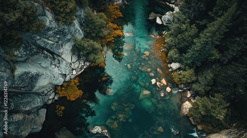 Aerial view of mountain river, autumn foliage, rocky banks, tranquil scene, nature background