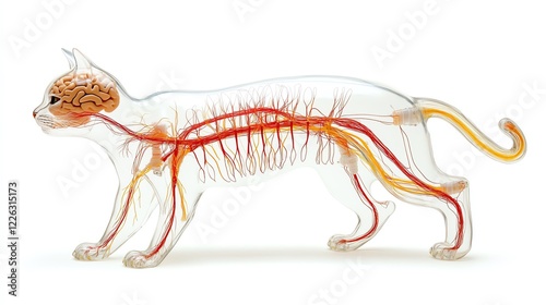 A cat nervous system model, displaying brain, spinal cord, and peripheral nerves, veterinary medical reference, isolated on white background