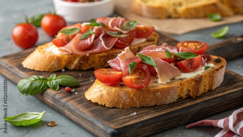 Delicious Bruschetta Toasts with Creamy Spread, Thinly Sliced Cured Meat, and Juicy Cherry Tomatoes Delicious Bruschetta Toasts with Creamy Spread, Thinly Sliced Cured Meat, and Juicy Cherry Tomatoes