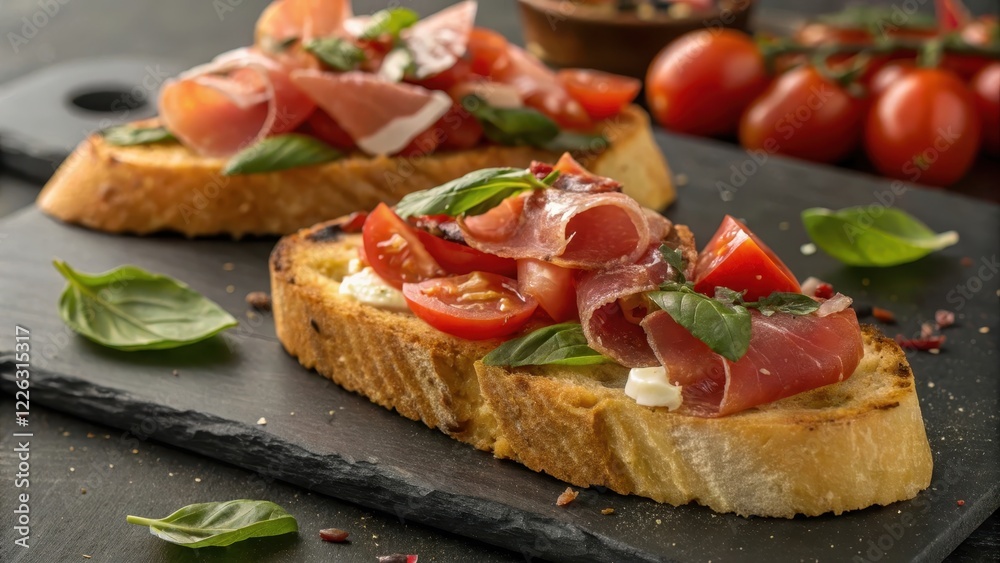 Delicious Toasted Bread with Cured Meat, Cherry Tomatoes, and Basil Delicious Toasted Bread with Cured Meat, Cherry Tomatoes, and Basil