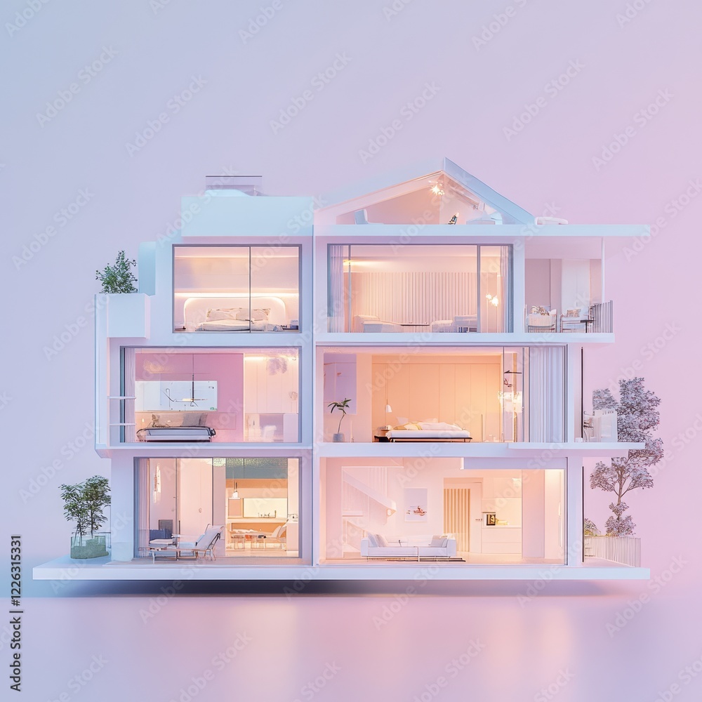 Cut-away view of a modern, minimalist house interior showcasing rooms and lighting. Cut-away view of a modern, minimalist house interior showcasing rooms and lighting.