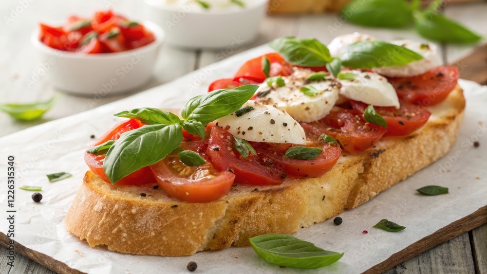 A Delicious Toasted Bread topped with Fresh Tomatoes, Creamy Mozzarella Cheese, and fragrant Basil Leaves A Delicious Toasted Bread topped with Fresh Tomatoes, Creamy Mozzarella Cheese, and fragrant Basil Leaves