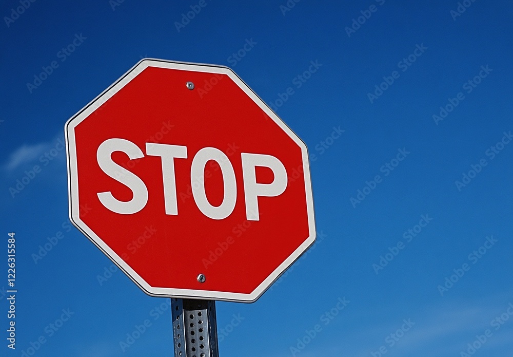 Clear red stop sign against a vibrant blue sky, perfect for illustrating traffic rules, road safety, and transportation themes Clear red stop sign against a vibrant blue sky, perfect for illustrating traffic rules, road safety, and transportation themes