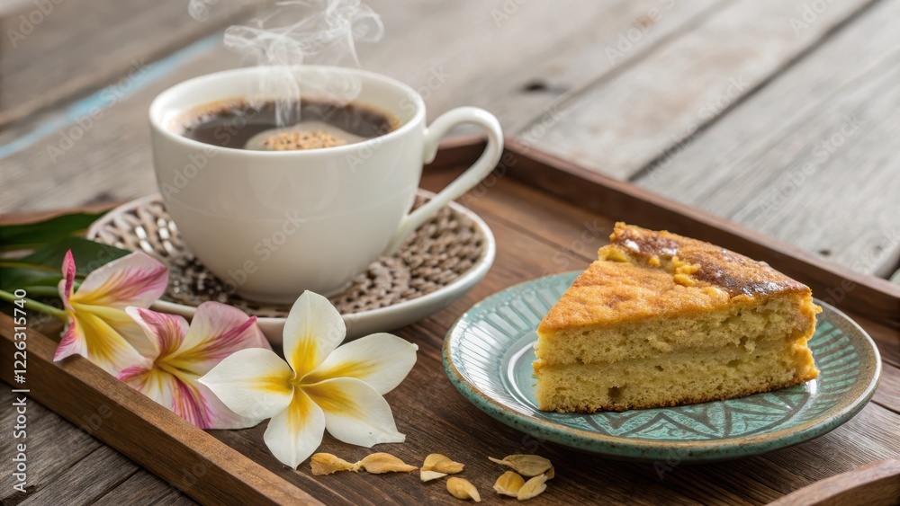A tranquil morning scene featuring a steaming cup of coffee, a delectable slice of cake, and delicate tropical flowers, all arranged on a rustic wooden tray. A tranquil morning scene featuring a steaming cup of coffee, a delectable slice of cake, and delicate tropical flowers, all arranged on a rustic wooden tray.