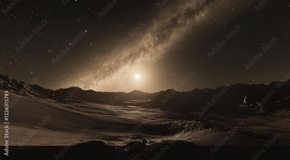 Alien planet landscape with a low sun and Milky Way galaxy. Alien planet landscape with a low sun and Milky Way galaxy.