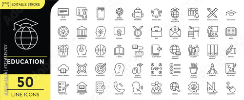 Education line editable icon set. education icons pixel perfect. school subject, education, book, school tools, global education, student, online course, and more. vector illustration.