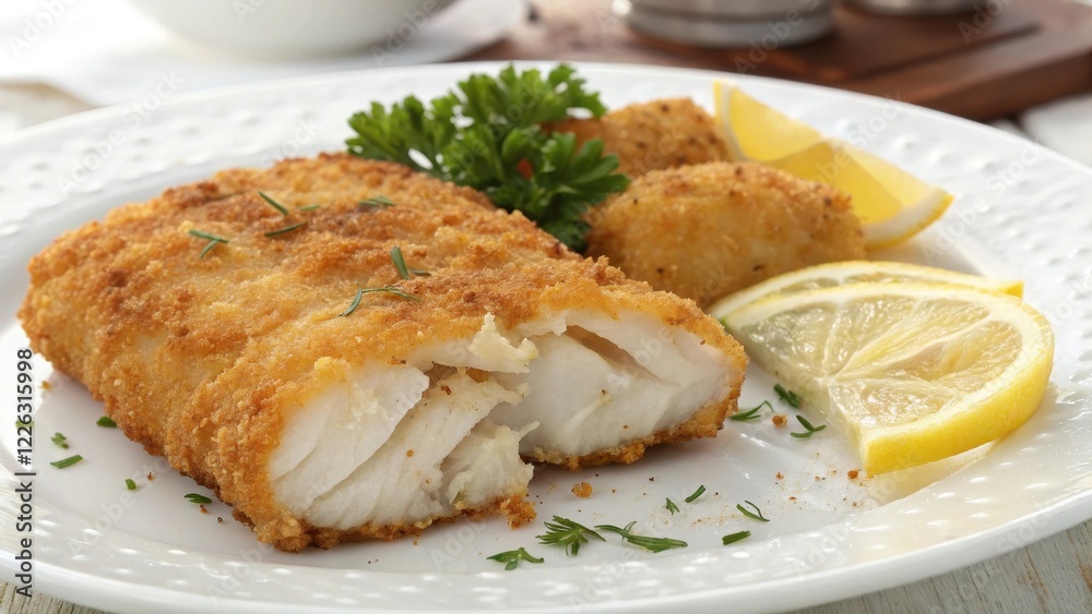 A Delicious Breaded Fish Fillet Served with Lemon Wedges and Fresh Herbs on a Plate A Delicious Breaded Fish Fillet Served with Lemon Wedges and Fresh Herbs on a Plate