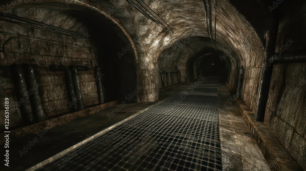 Obraz premium Dimly lit underground tunnel with metallic textures and grid floor.