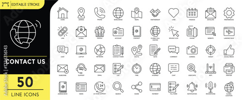 Contact Us Line editable Icons set. Editable Stroke. Containing icons: Adress, worldwide, finance, link, note, contact form, target, global location, support, phone, and more. Vector Illustration.