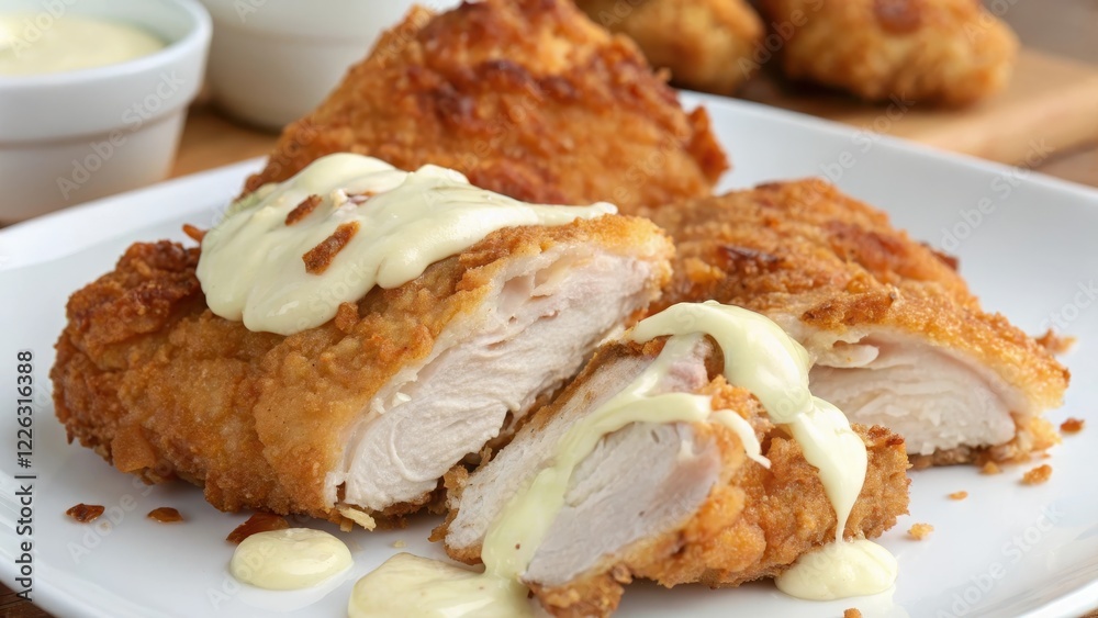 Crispy Breaded Chicken Breast Cutlets with Creamy Sauce, a Delicious and Savory Dish Crispy Breaded Chicken Breast Cutlets with Creamy Sauce, a Delicious and Savory Dish