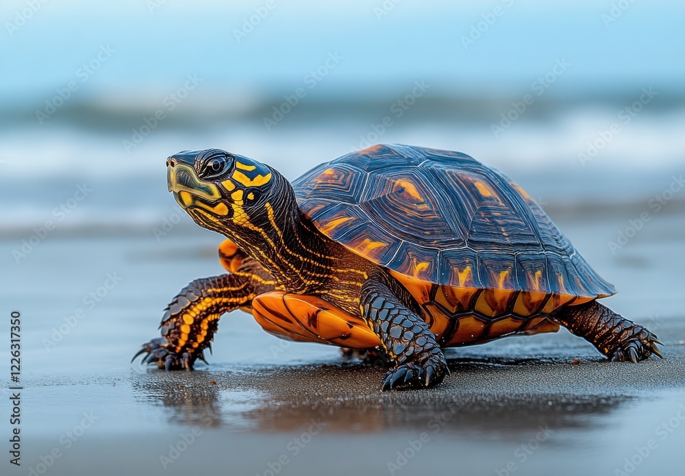 Obraz premium A Colorful Turtle Walking on the Sandy Beach Shoreline with Soft Ocean Waves in the Background During a Bright Sunny Day