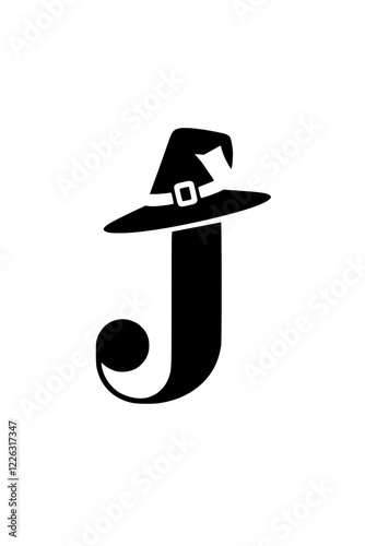 Letter J with Witch Hat Silhouette , Black silhouette of the letter J wearing a witch's hat, symbolizing Halloween, magic, and spooky themes on a white background.  
 
