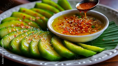 Fresh cucumber slices with spicy dipping sauce, garnished with herbs, spices, and chili flakes, create vibrant appetizer that highlights flavors of fresh green food.