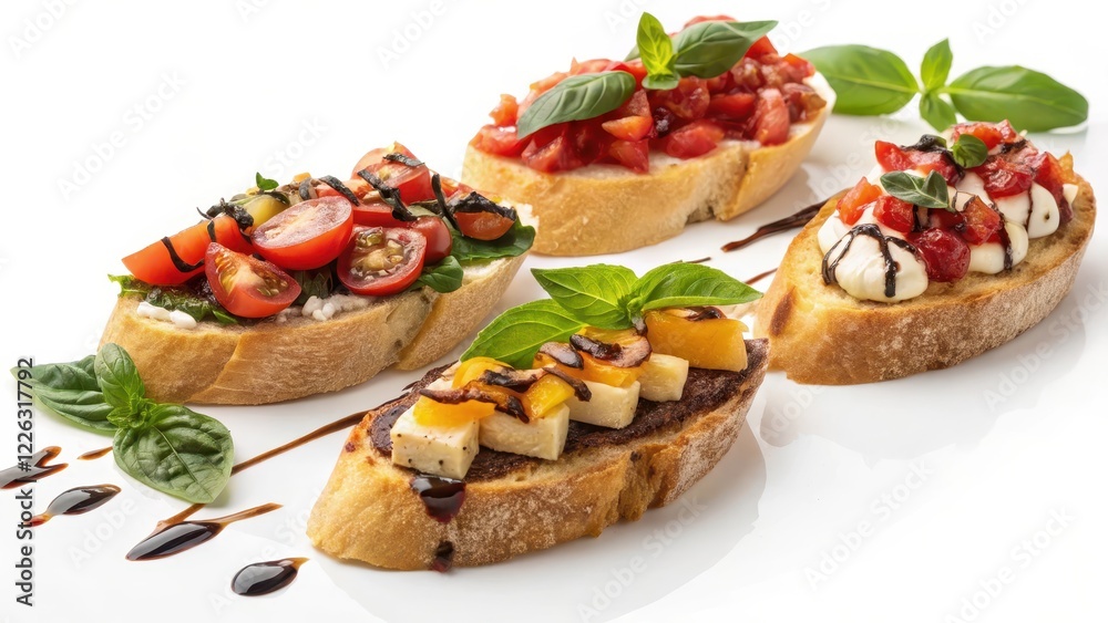 A delightful assortment of bruschetta, featuring vibrant tomato, creamy cheese, and balsamic glaze atop toasted bread slices A delightful assortment of bruschetta, featuring vibrant tomato, creamy cheese, and balsamic glaze atop toasted bread slices