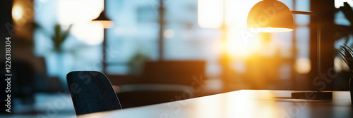 Blurred background of a modern coworking space showcasing sleek black furniture and abundant natural light. ideal for productivity and collaboration in a stylish environment. photo