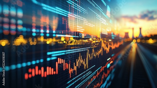 A digital graph showing rising energy stocks with a nuclear power plant image in the background, representing the growing influence of nuclear energy in the energy market and financial sectors