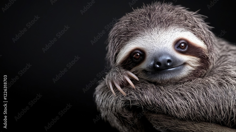 Fototapeta premium Cute sloth portrait against black background, rainforest habitat. Ideal for wildlife, nature documentaries