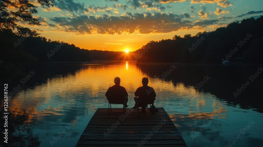 Two silhouetted figures seated on a dock, watching a vibrant sunset over a calm lake. Two silhouetted figures seated on a dock, watching a vibrant sunset over a calm lake.