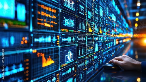 A close-up of hands on a computer mouse, trading energy stocks on a digital platform, with power plants and renewable energy icons displayed on the screen