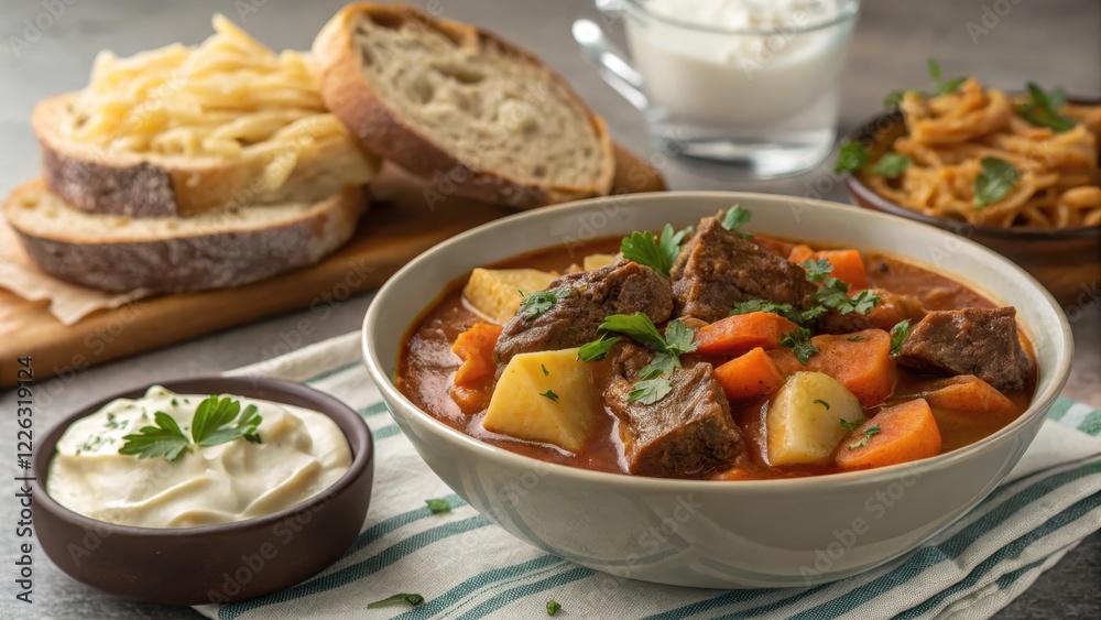 Hearty Beef Stew with Root Vegetables and Creamy Garnish, Served with Crusty Bread Hearty Beef Stew with Root Vegetables and Creamy Garnish, Served with Crusty Bread