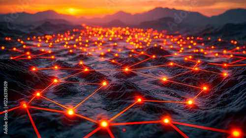 Network connections across mountains at sunset photo