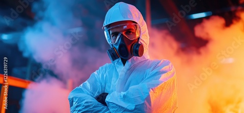 Worker in hazmat suit, industrial plant, smoke, safety photo