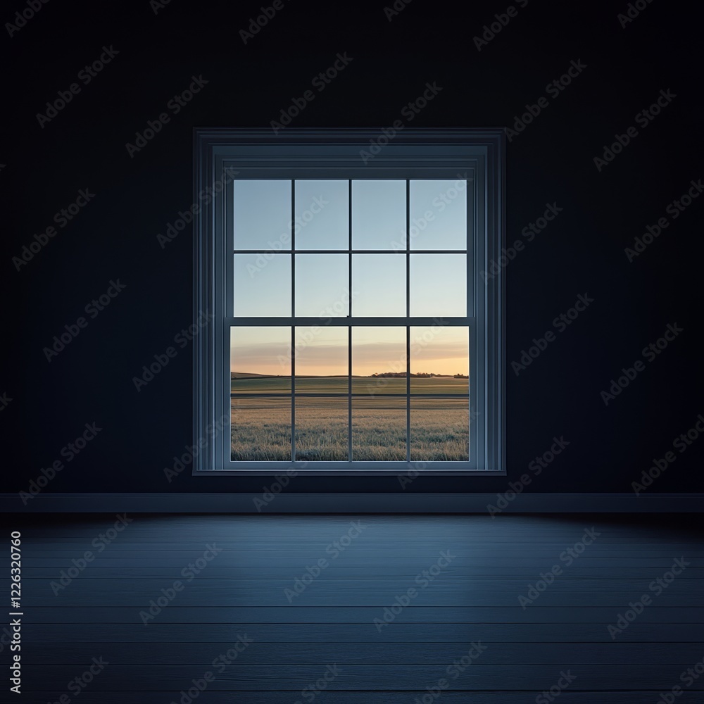 Dark room with window showing sunset over fields.