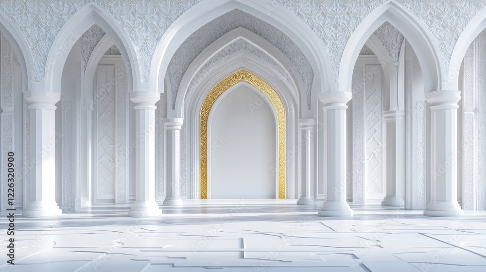 Design a 3D-rendered Islamic arch with a smooth white center and gold accents. Design a 3D-rendered Islamic arch with a smooth white center and gold accents.