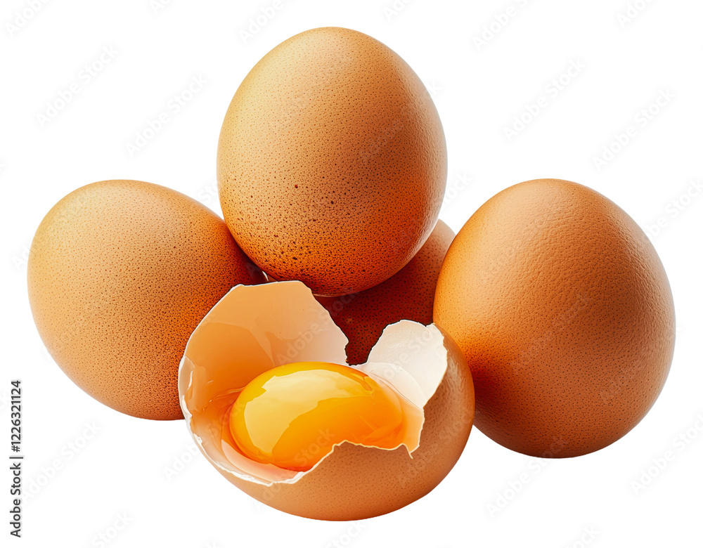 Fresh eggs arranged with one cracked open isolated on transparent background Fresh eggs arranged with one cracked open isolated on transparent background