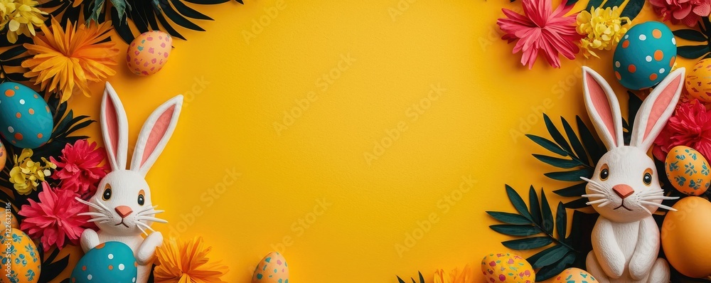 Naklejka premium A festive Easter scene featuring charming rabbits, vibrant flowers, and colorful eggs on a bright yellow background.