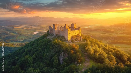 Fototapeta Naklejka Na Ścianę i Meble -  Ancient Castle Ruins Aerial View at Sunset Romantic Landscape