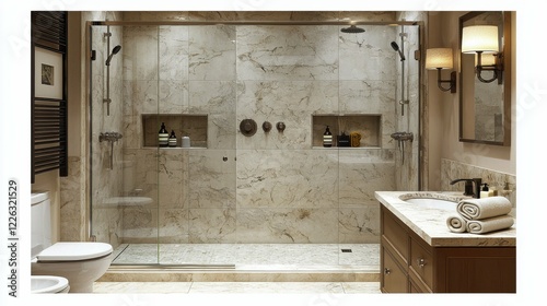 A luxury bathroom with a rain shower and sparkling glass doors, reflecting the meticulous sanitization process required to maintain both beauty and hygiene in upscale spaces