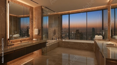 A gleaming luxury bathroom with fresh towels, sparkling surfaces, and a sanitized ambiance, showing how attention to cleanliness enhances the luxurious feel of the room photo