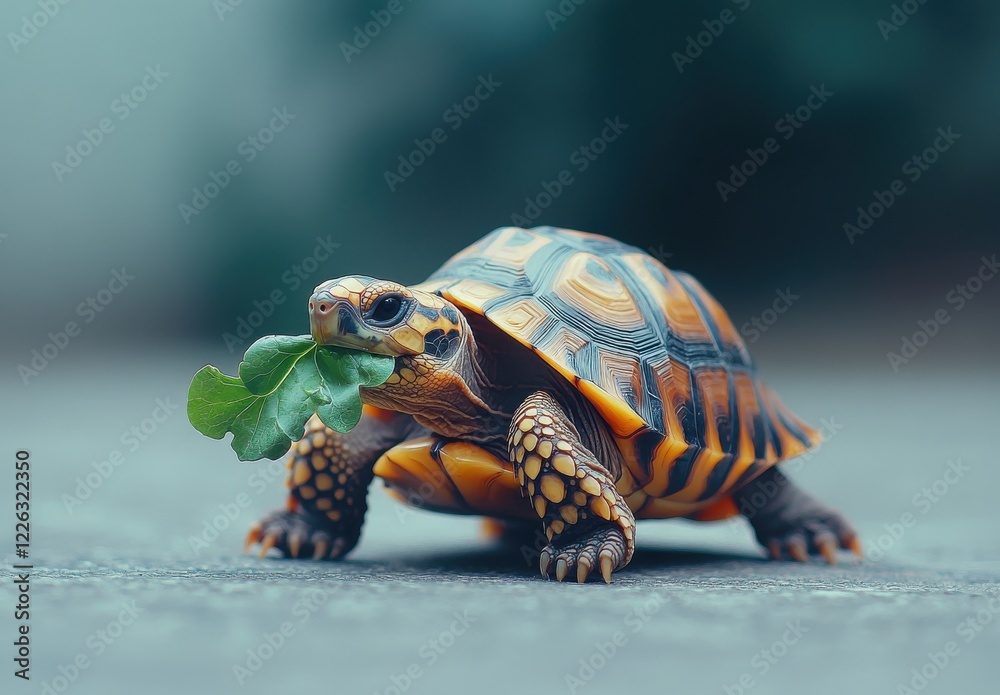 Fototapeta premium Brightly Colored Turtle with Leaf in Mouth Crawling on a Concrete Surface in a Natural Outdoor Setting