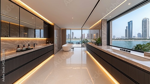A spacious luxury bathroom in a modern home, featuring marble countertops, a freestanding bathtub, and high-end fixtures, symbolizing ultimate relaxation and opulence