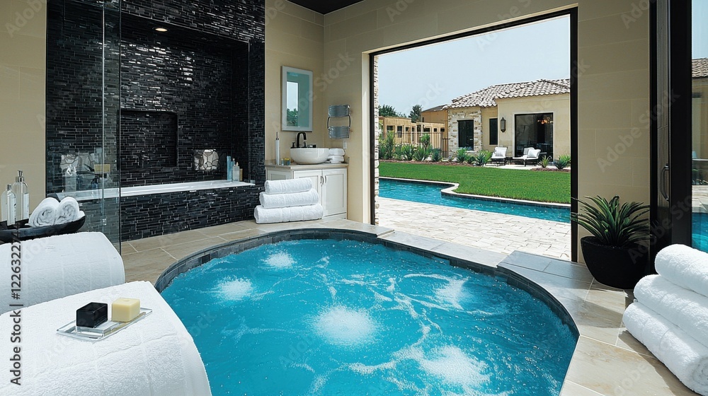 Obraz premium A lavish bathroom in a luxury home, complete with a glass-enclosed shower, heated floors, and plush towels, emphasizing elegance and superior home living