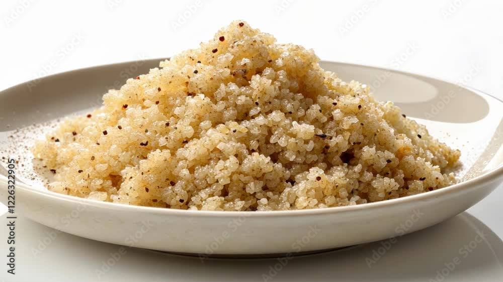 A pile of cooked quinoa fluffy and light speckled with tiny beads that catch the light p on a simple white plate. A pile of cooked quinoa fluffy and light speckled with tiny beads that catch the light p on a simple white plate.