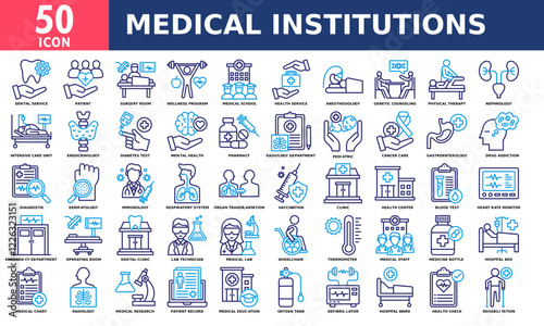Medical institutions icon set collection. Simple line color vector.