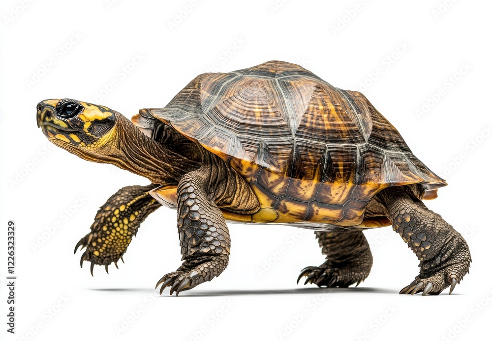 Fototapeta premium Captivating Portrait of a Colorful Turtle on a Clean White Background Showcasing Its Unique Shell Patterns and Textures in Natural Stance
