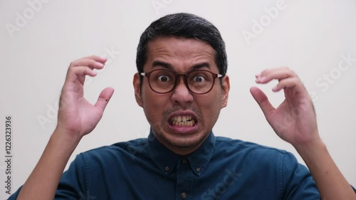 A man staring at the camera screaming panic