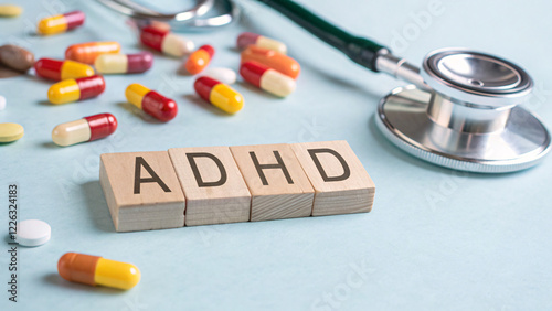ADHD Concept with Wooden Blocks, Medication Pills, and Stethoscope on Light Blue Background