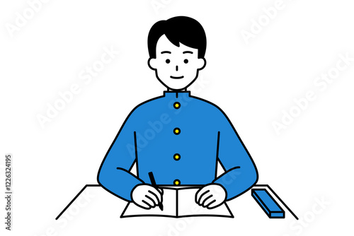 机で勉強している男子学生